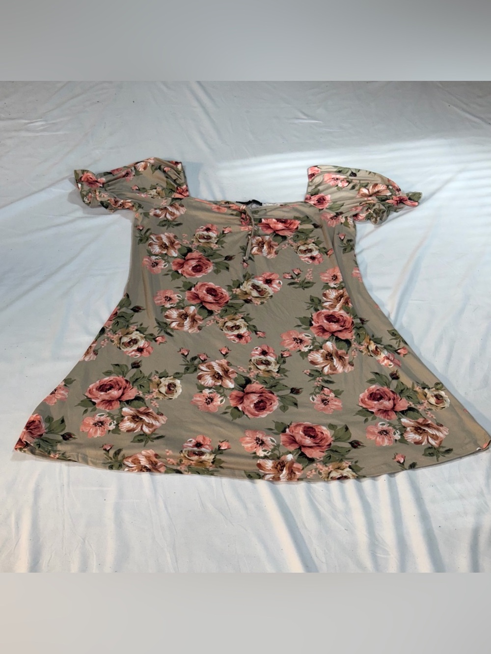 Vibe Sportswear 2X Floral Off Shoulder Swing Dress Taupe Pink Plus Size P54